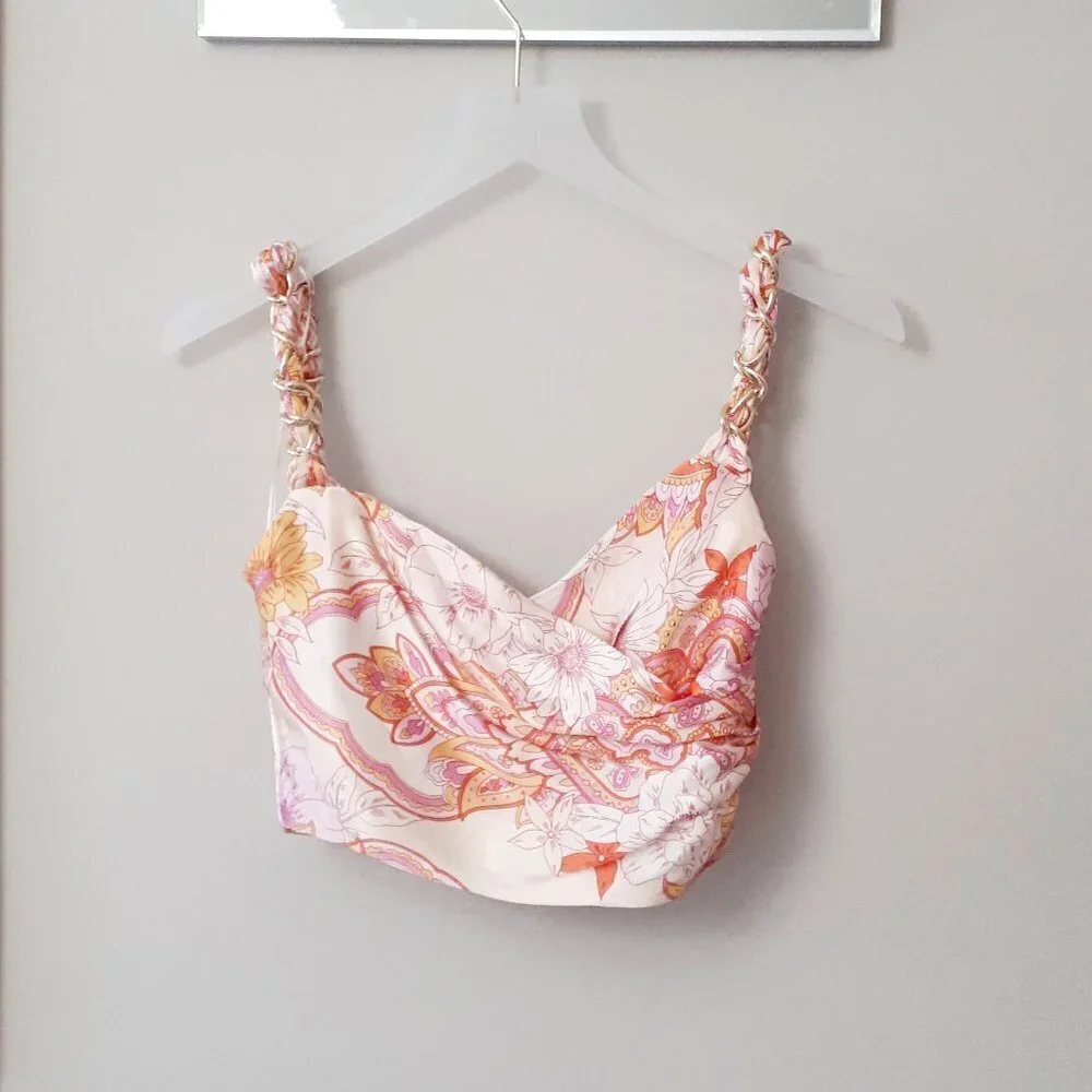 NWOT Zara pink champagne floral printed crop top with chain detail, S - Picture 8 of 10